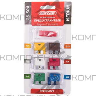 Комплект предохранителей флажковый MEDIUM с пинцетом в блистере 7,5-30А SKYWAY (12шт)