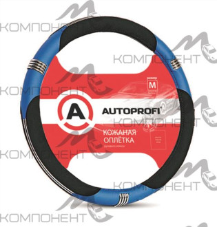 Оплетка руля M кожа нат. AUTOPROFI вставки из экокожи, хромированные кольца Черно/Синяя