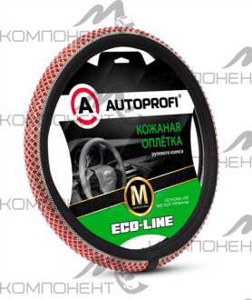 Оплетка руля M экокожа премиальная AUTOPROFI Eco-Line центр. вставка с кристаллами Черный/красный