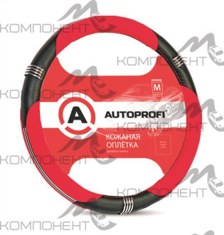 Оплетка руля M кожа нат. AUTOPROFI вставки из экокожи, хромированные кольца Черно/Красная