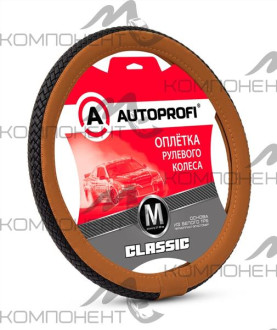 Оплетка руля M экокожа AUTOPROFI Classic плетеная вставка по центру Черный/кофе