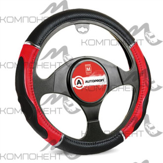 Оплетка руля M экокожа+ПВХ AUTOPROFI гелев.наполнитель. спорт.дизайн, вставки с тиснением Черн/Красн