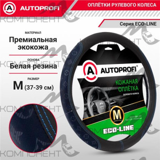 Оплетка руля M экокожа премиальная AUTOPROFI Eco-Line вставки с принтом в стиле Fashion Черный/т.син
