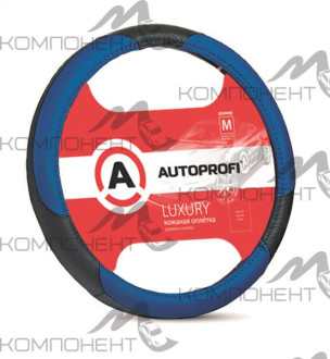 Оплетка руля M кожа нат. AUTOPROFI LUXURY 3 цветных вставки из экокожи Черно/Синяя