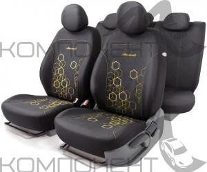 Авточехлы жаккард 11пр. HOLOGRAM однотонный с фигурной вышивкой черн./желт.