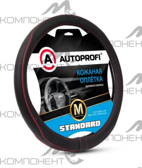 Оплетка руля M кожа нат. AUTOPROFI Standard перф. вставка, бейка, прострочка Черный/красный
