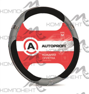Оплетка руля M кожа нат. AUTOPROFI вставки из экокожи, хромированные кольца Черно/Серая