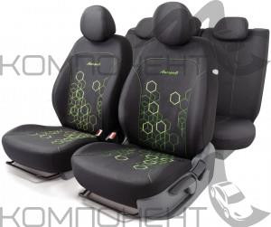 Авточехлы жаккард 11пр. HOLOGRAM однотонный с фигурной вышивкой черн./зеленый