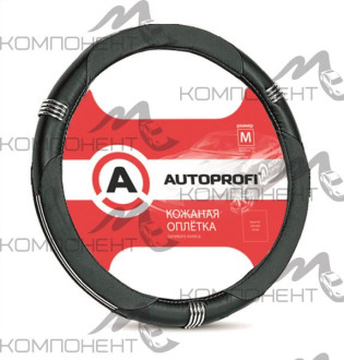 Оплетка руля M кожа нат. AUTOPROFI вставки из экокожи, хромированные кольца Черная