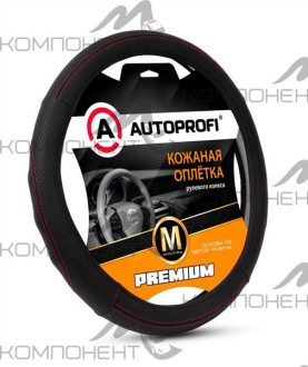 Оплетка руля M кожа нат. Nappa AUTOPROFI Premium перфор. рельеф. вставки, прострочка Черный/красный