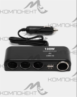 Разветвитель прикуривателя 4 гнезда + 2USB 2,1А 1525 OLESSON