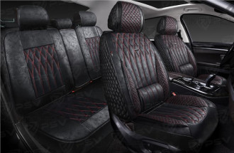 Накидки на весь салон 5D мокрая кожа PSV Titan Skin Черный/Отстрочка Красная