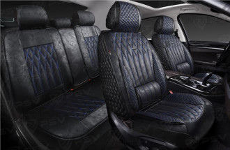 Накидки на весь салон 5D мокрая кожа PSV Titan Skin Черный/Отстрочка Синяя
