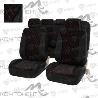 Авточехлы экокожа/велюр 11пр. PSV Graf Next Черный/Ромб красный "Бабочка"/отстрочка красная